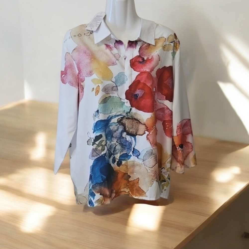 Zolucky Blouse Floral Colorful Red Pink Blue Green NWT Size L Soft Material